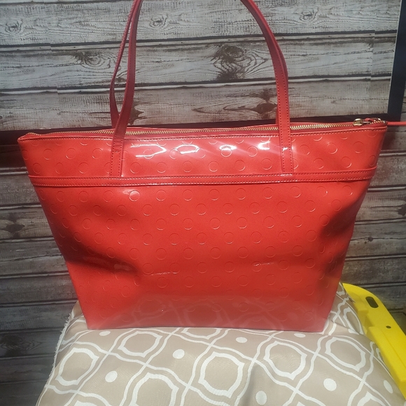 Kate Spade Red Polka Dot Embossed Patent Leather Shoulder Tote Bag - Picture 3 of 6